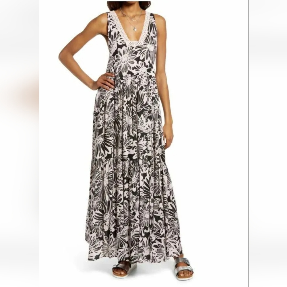 NEW Free People Tiers For You Pink Black Floral Printed Maxi Dress Tiered